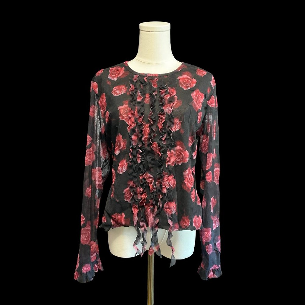 Black/Rose Rose Print Sheer Blouse w/ Ruffle Details